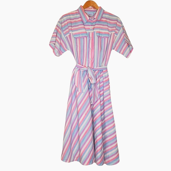 Vintage Dresses & Skirts - Pink Bubblegum White, Blue and Purple Striped 80s Short Sleeve Shirt Dress